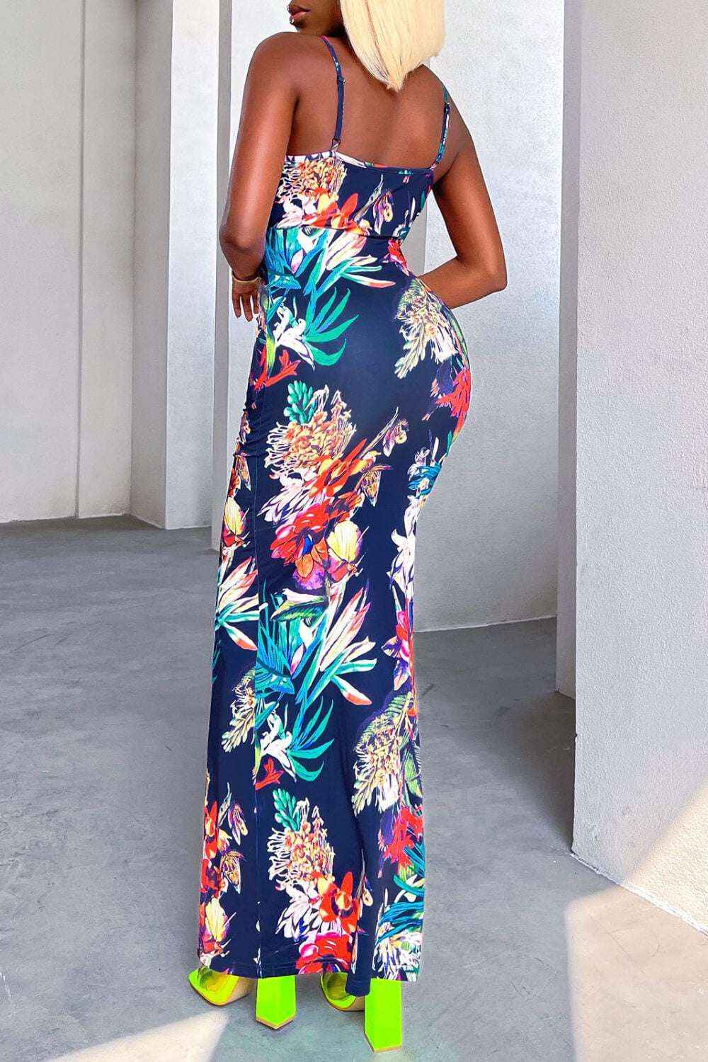 Floral Ruched Front Slit Surplice Maxi ...